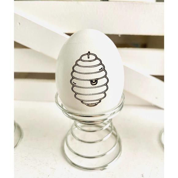 Set of 3 Farmhouse Bee Inspired White Wood Egg w/Stands - Picture 3 of 5